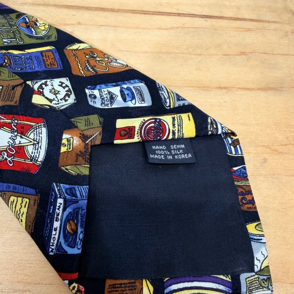 Nicole Miller Necktie OS Navy Blue‎ Coffee Tin Novelty Print Silk Hand Sewn Tie